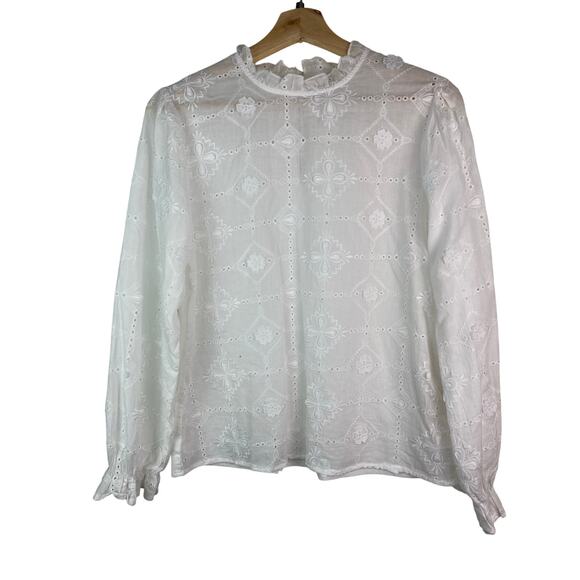 Cherry Paris Women's Size M White Floral Eyelet Ruffle Neck Cotton Blouse - Picture 1 of 8